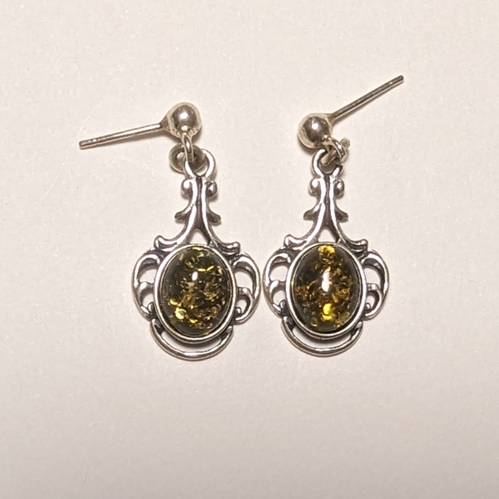 Green Amber Sterling Silver Dangle Earrings